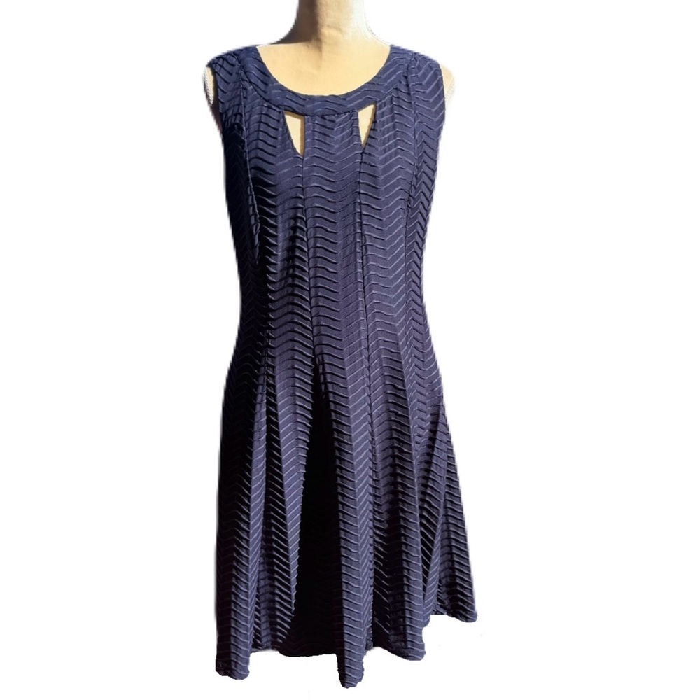 Enfocus Studio Women’s Dress Sleeveless Fit Flare Navy Blue Chevron Textured 12